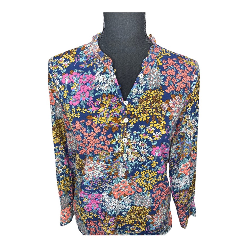 Talbots Petite Ruffle Band Collar Cotton Poplin Popover Blouse Multicolor - Picture 2 of 7